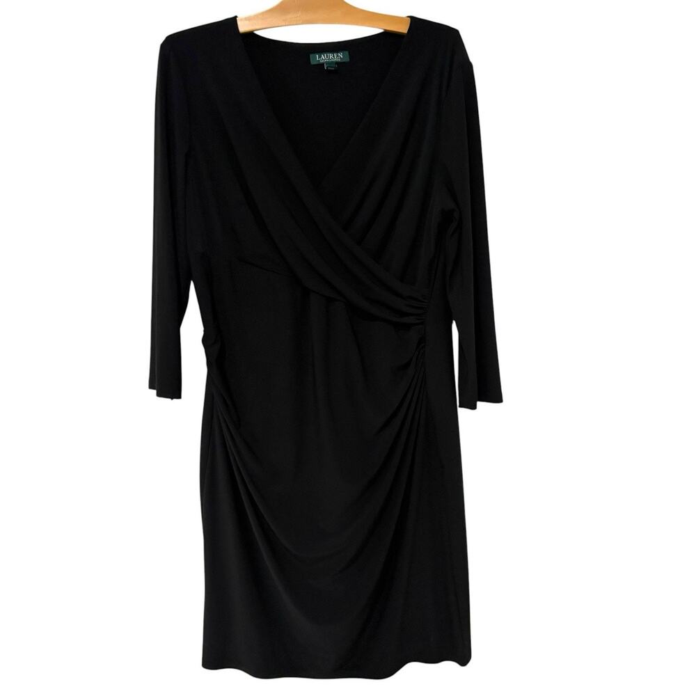 Lauren Ralph Lauren | Dress Black 3/4 Sleeves V Neck Classic Minimalist- Size 16